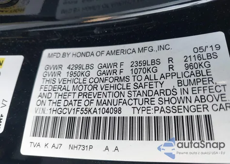 2019 Honda Accord Ex-L из США, поврежденный, VIN 1HGCV1F55KA104098